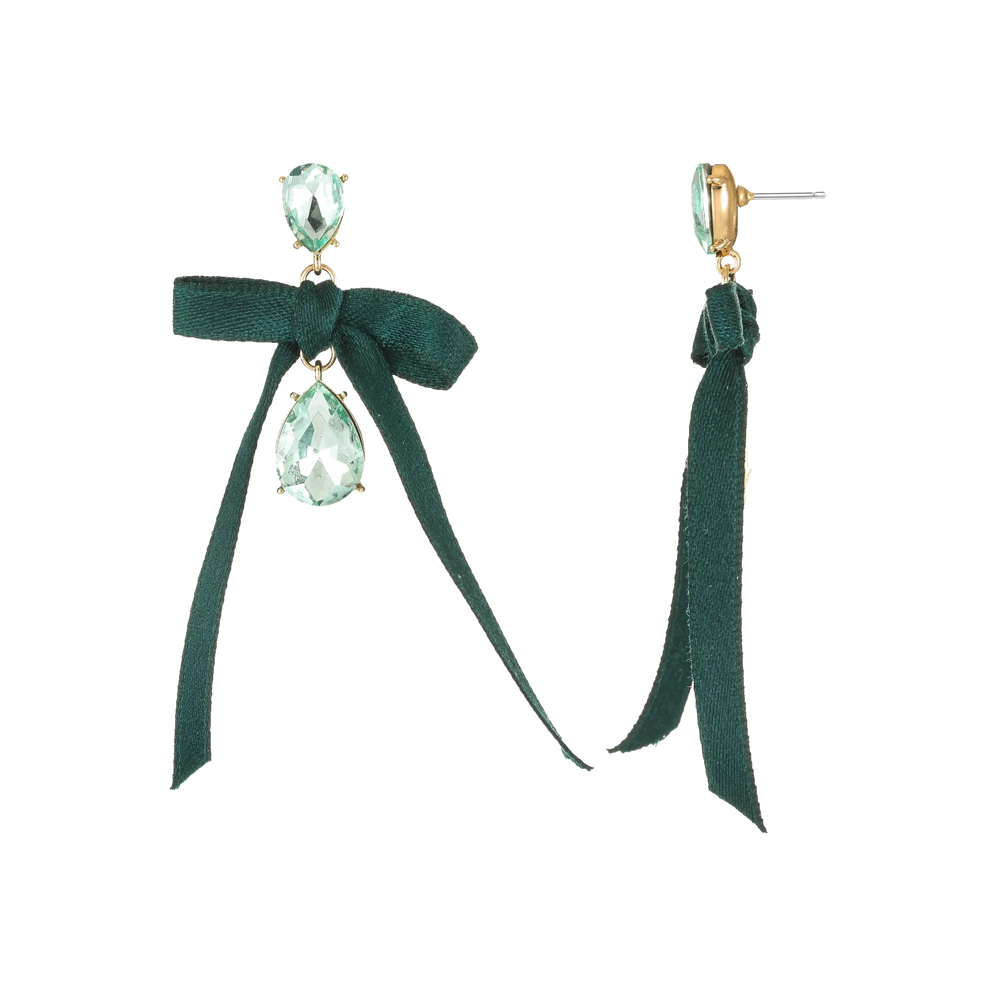 Time and Tru Goldtone, Crystal and Green Bow Earring, 1 Pair | Walmart (US)