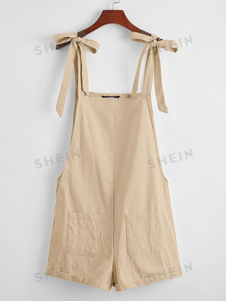 SHEIN EZwear Knot Strap Pocket Patched Pinafore Romper | SHEIN