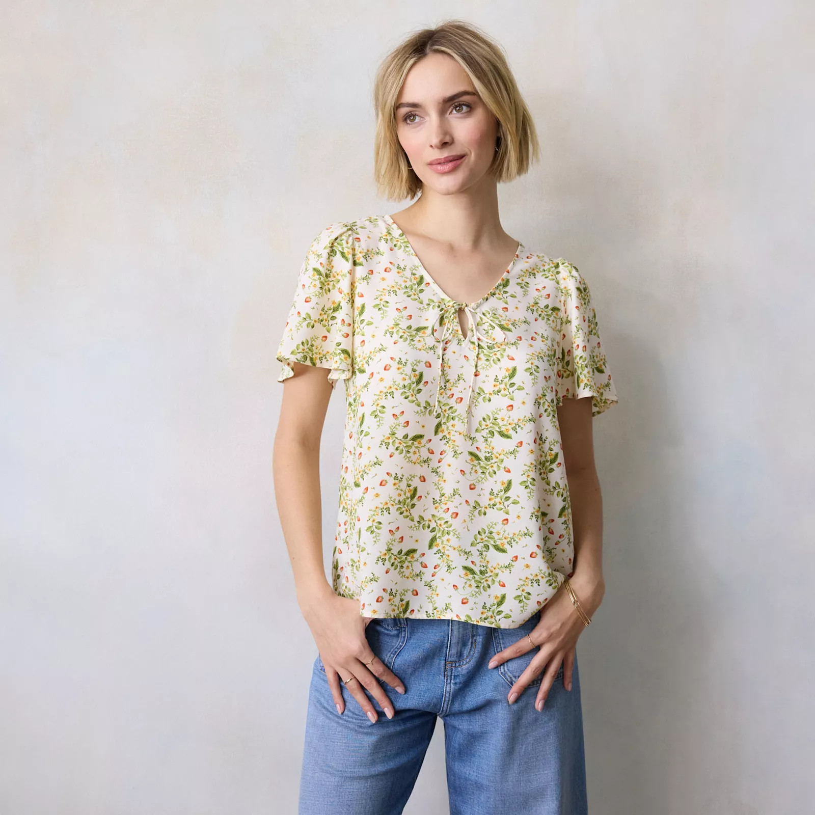 Women's LC Lauren Conrad Tie-Front Keyhole Flutter Sleeve Woven Top | Kohl's