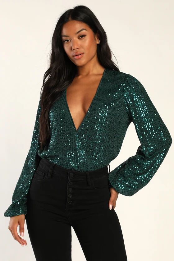 Never Ending Glam Emerald Green Sequin Surplice Bodysuit | Lulus (US)
