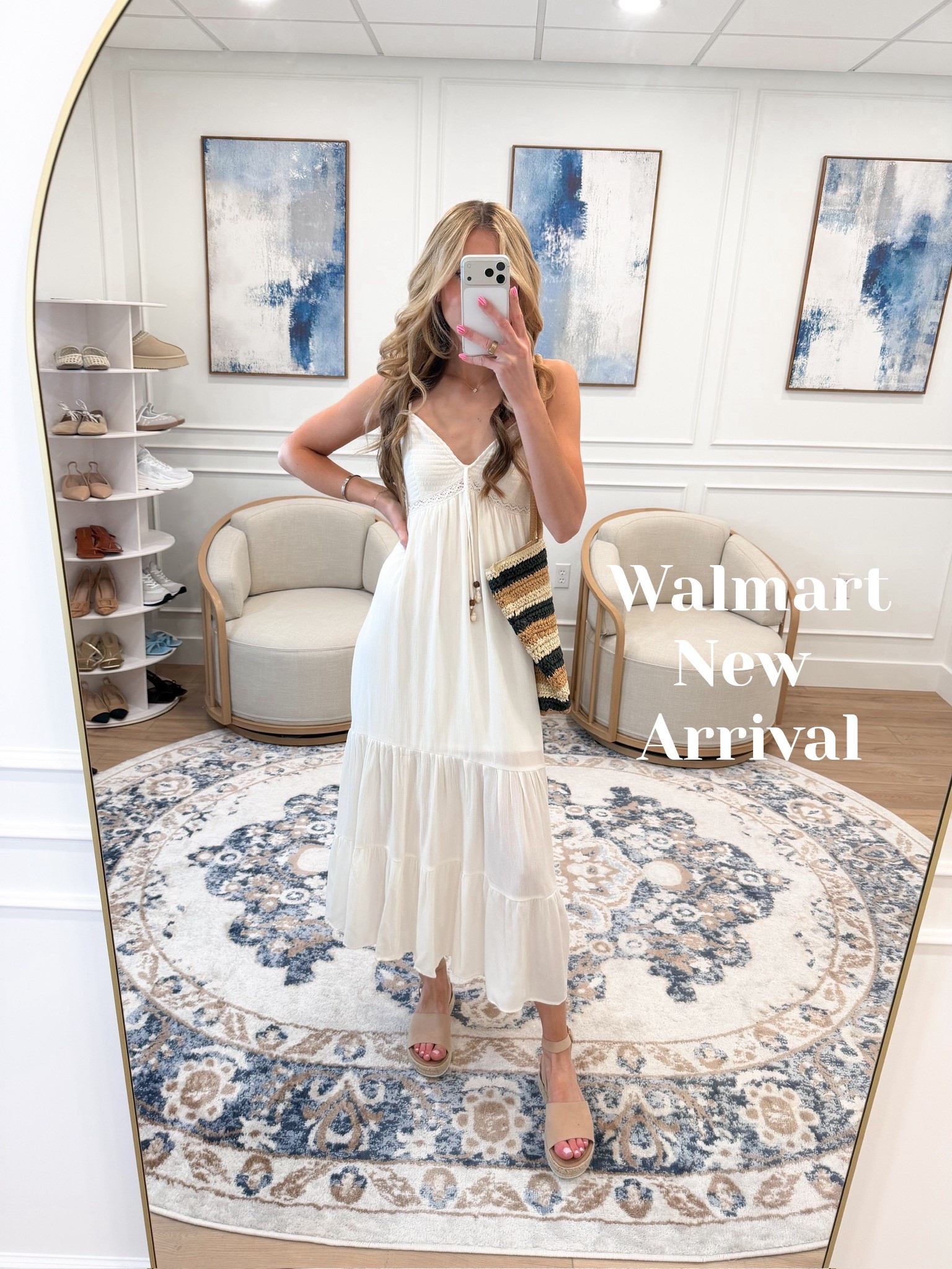 Walmart finds that are so good right now — this white lace trim tiered maxi dress is the most effortless summer dress 🤍✨ Soft white fabric, V-neckline, delicate lace trim detail at the waist, and a flowing tiered skirt that moves so beautifully — romantic, feminine, and looks way more expensive than it is. Styled with nude espadrille wedges and a striped crochet clutch to finish. 

#LTKootd #LTKSeasonal #LTKMothersDay