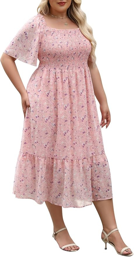 Keluummi Plus Size Wedding Guest Midi Dresses for Curvy Women, Summer Casual Boho Floral Smocked ... | Amazon (US)