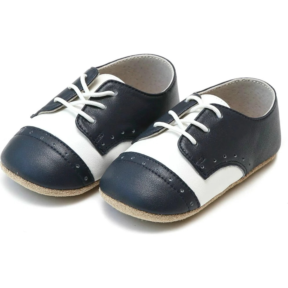 Bentley Leather Saddle Crib Shoe, White & Navy | Maisonette