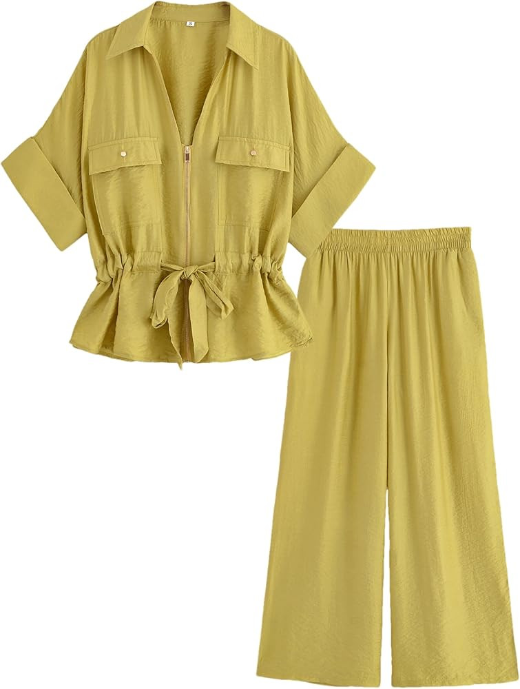 Mingzhu Women's 2 Piece Linen Outfits Short Sleeve Zipper Drawstring Waist Shirts Elastic Waist W... | Amazon (US)