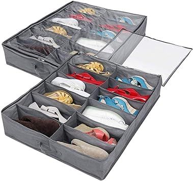 Under Bed Shoe Storage Organizer-Set of 2, Under Bed Shoe Storage Box with Lid Fits 24 Pairs Tota... | Amazon (UK)