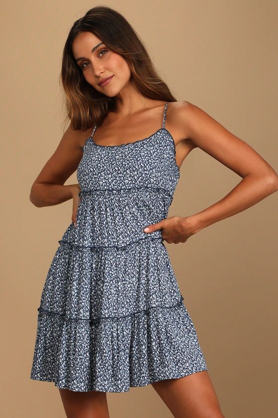 Sitting in the Sun Navy Blue Floral Print Ruffled Babydoll Dress | Lulus (US)