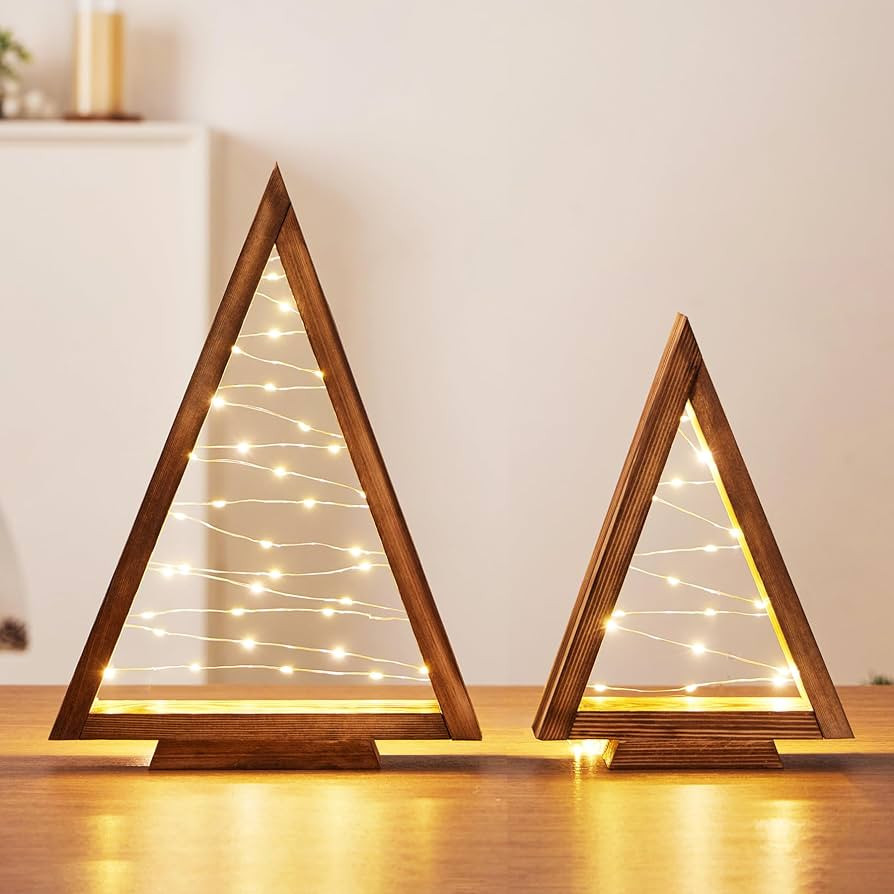 2 Pack Wood Tabletop Christmas Trees with Lights, Christmas Decorations Indoor, Modern Farmhouse ... | Amazon (US)