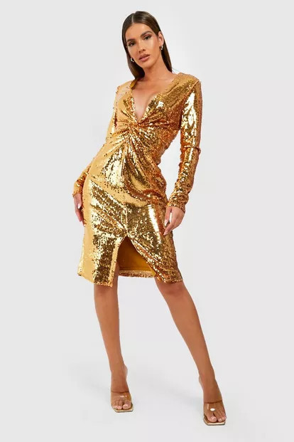 Sequin Twist Front Midi Party Dress | Boohoo.com (US & CA)