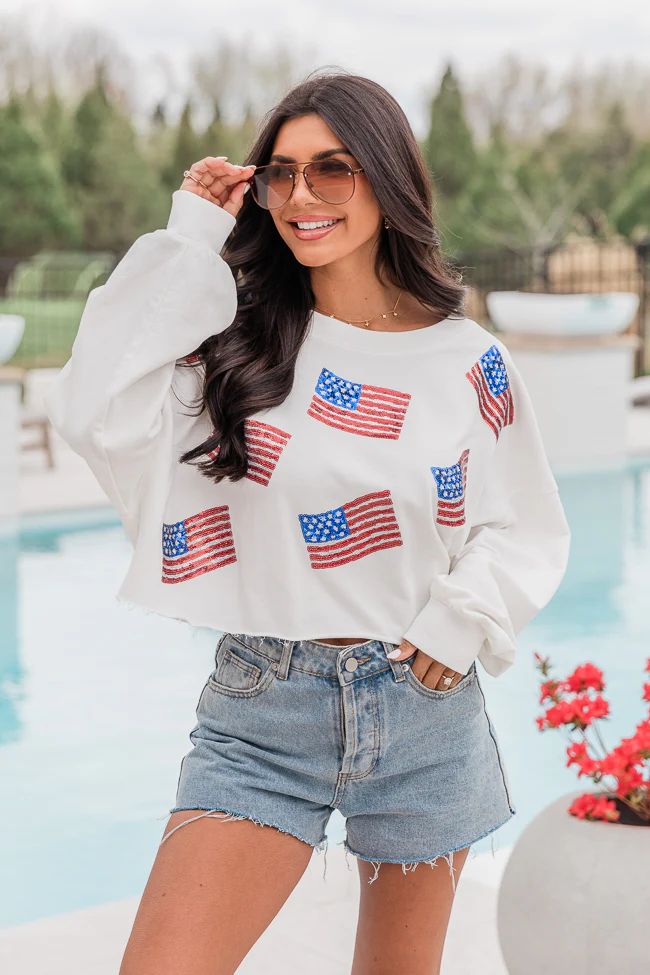 Freedom Forever Ivory Flag Patch Cropped Pullover | Pink Lily