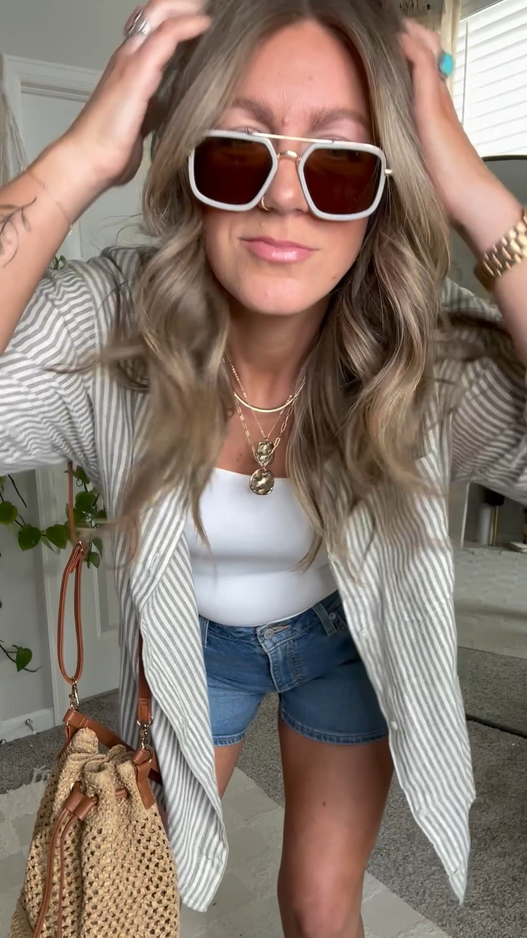 Warm spring day outfit - tall and midsized

Bodysuit- medium tall
Shorts - 10/30 (has some stretch) 
Linen shirt - sized up for an oversized fit (xl) 
Lip: buffed pink & champagne on top 

#LTKSaleAlert #LTKOver40 #LTKMidsize