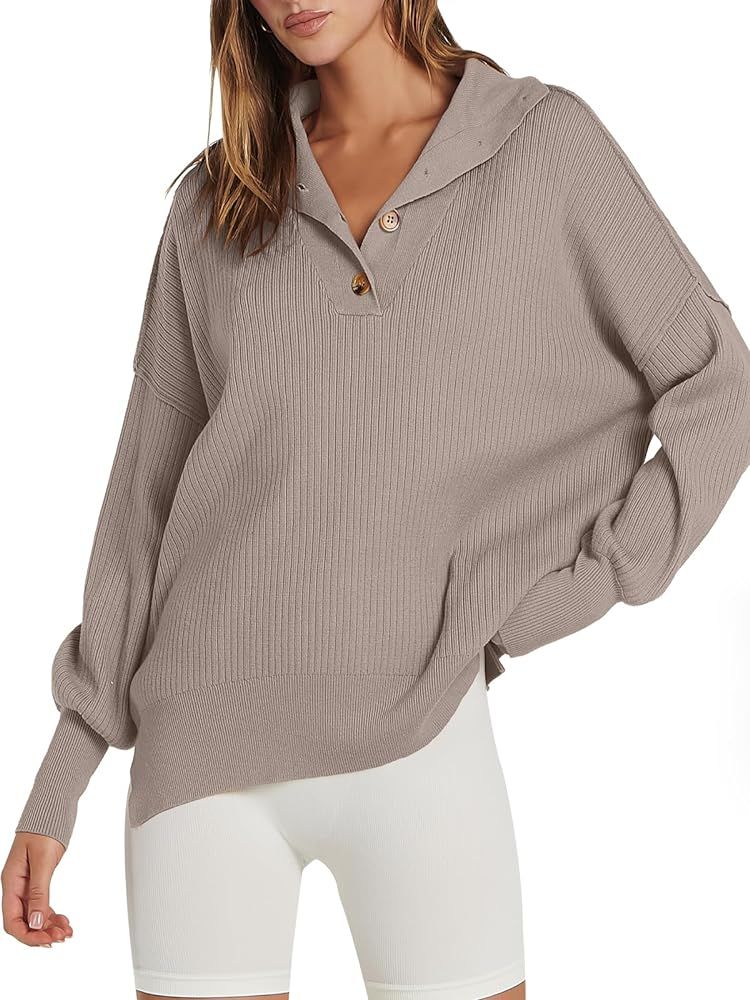 ANRABESS Women's Oversized Sweater 2023 Fall Long Sleeve Button Up V Neck Collar Drop Shoulder Knit  | Amazon (US)