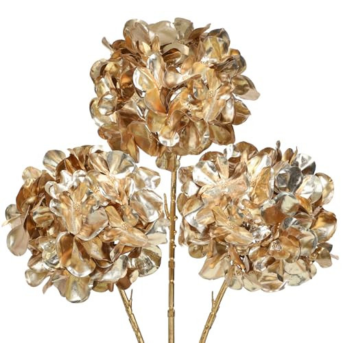 Hollyone 3Pcs Artificial Hydrangea Flowers 26inch Christmas Ornaments Flowers Champagne Gold Fake Hydrangea Flower Floral Arrangements Bouquets Xmas Faux Hydrangeas Stems Wedding Christmas Home Decor | Amazon (US)