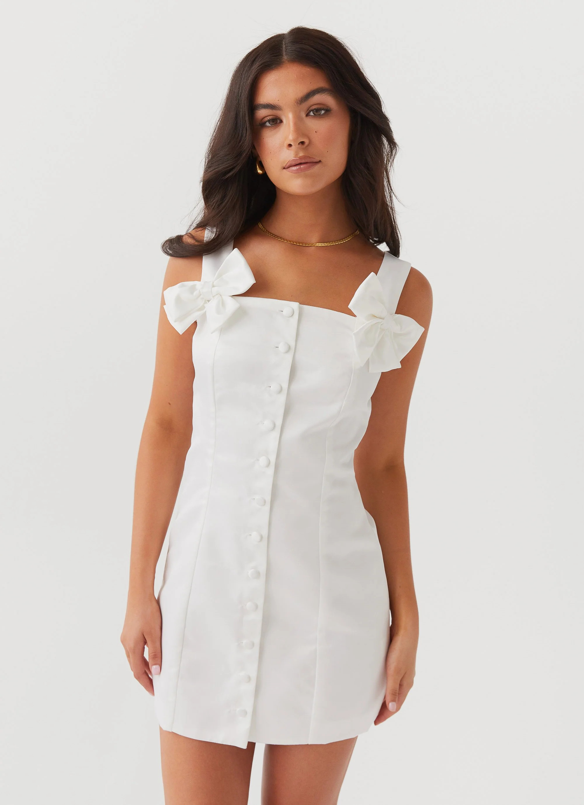 Brielle Bow Satin Mini Dress - White | Peppermayo (Global)