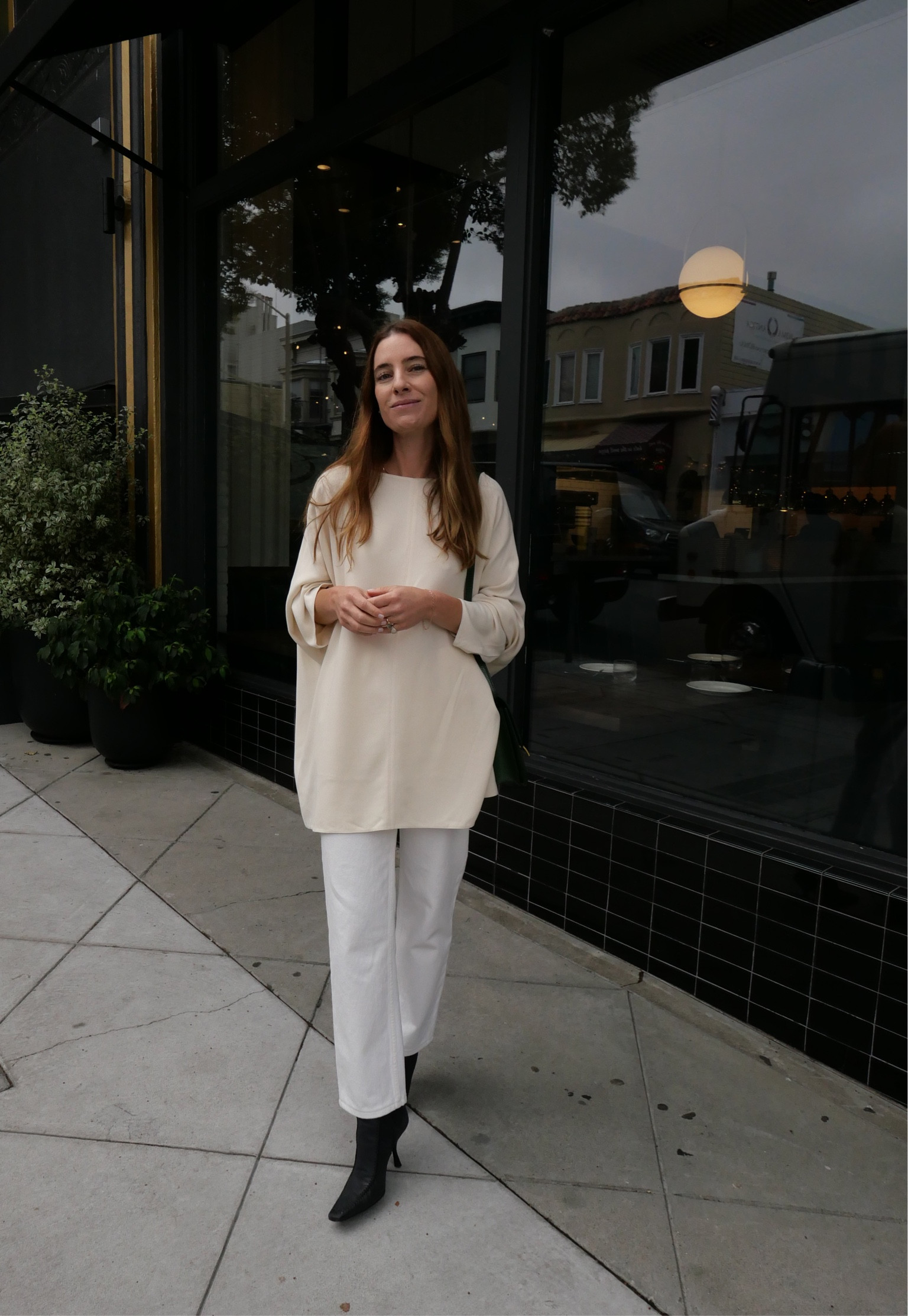 My go-to dressier straight leg white denim — (I hemmed mine a few inches fyi for a cropped length) 