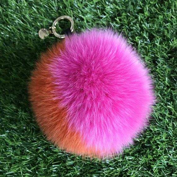 Bicolor orange / hot link 13cm/15cm Real Fox Fur Pompom Ball Key Ring Keychain Bag Charm Pendant | Etsy (US)