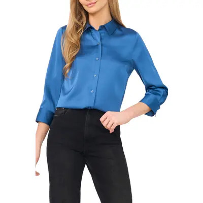 CeCe Button Front Satin Shirt in Coffee Bean at Nordstrom, Size Medium | Nordstrom