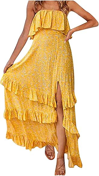 Women's Sexy Tube Ruffle Dresses Bohemian Long Dress High Waist Slit Maxi Beach Dress Fashion Tie... | Amazon (CA)