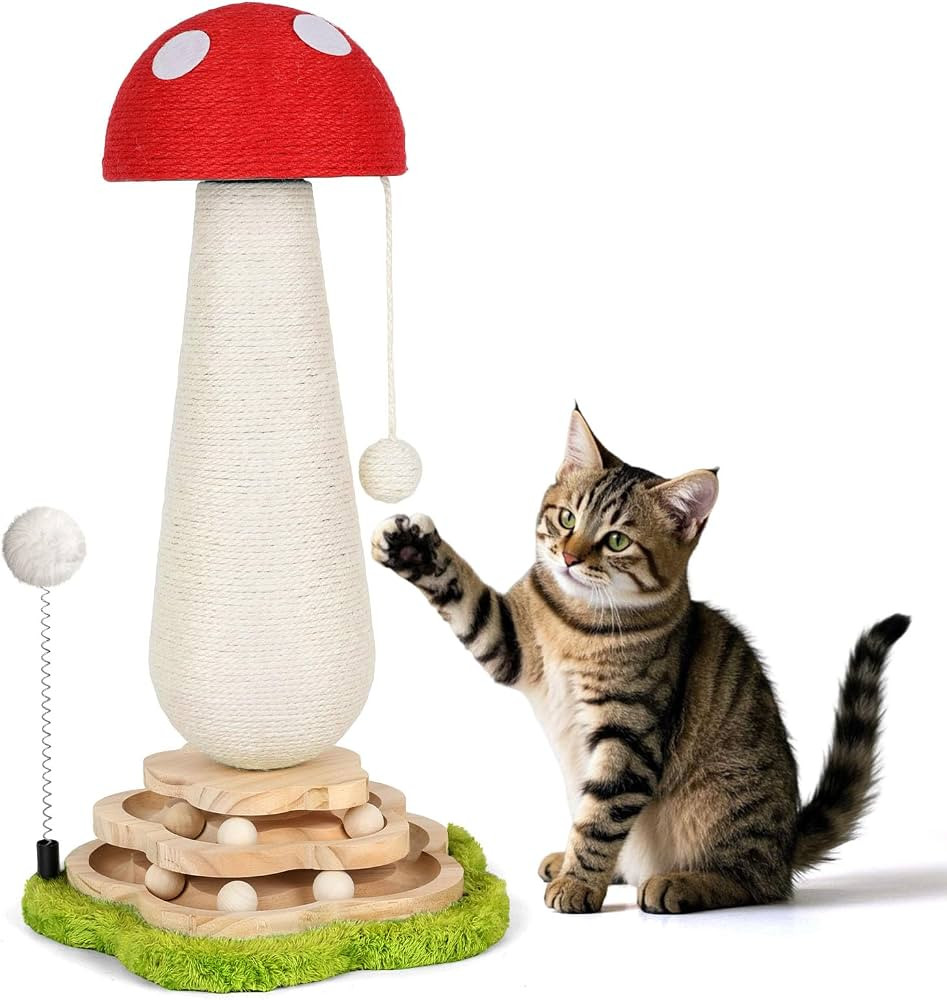 Mushroom Cat Scratching Post Cat Tree, Cute Cat Scratcher Tower with Interactive Ball Two-Layer T... | Amazon (US)