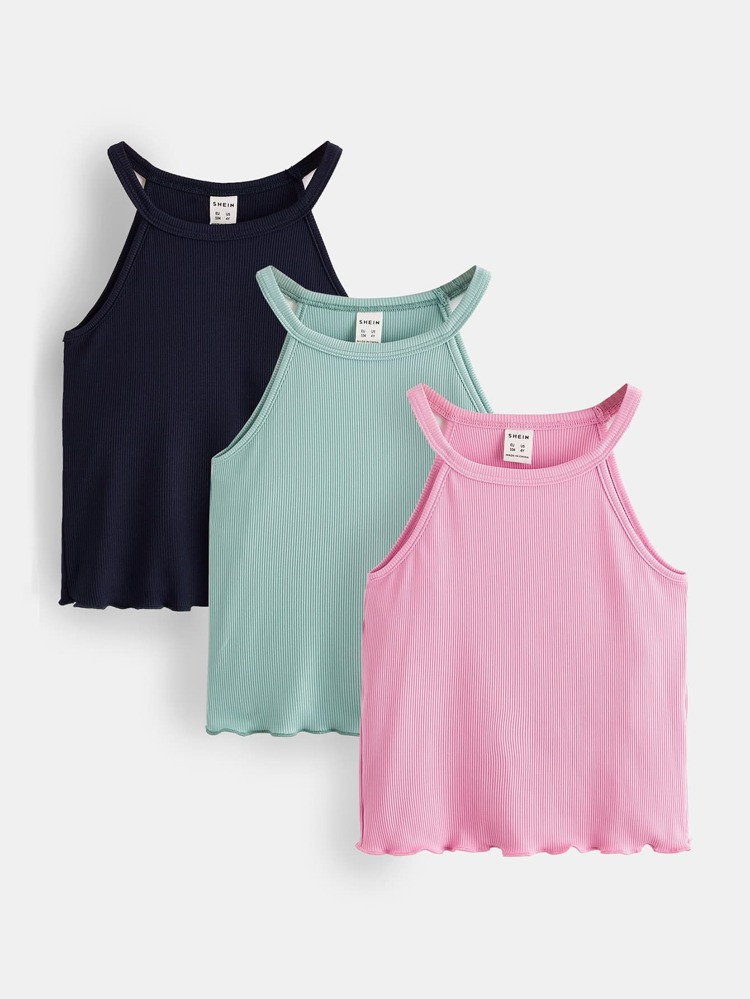 SHEIN BASICS Toddler Girls 3pcs Lettuce Trim Halter Top | SHEIN