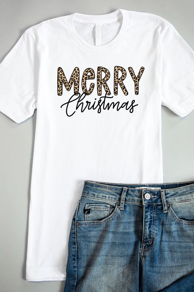 Merry Christmas Animal Print Graphic white Tee | The Pink Lily Boutique