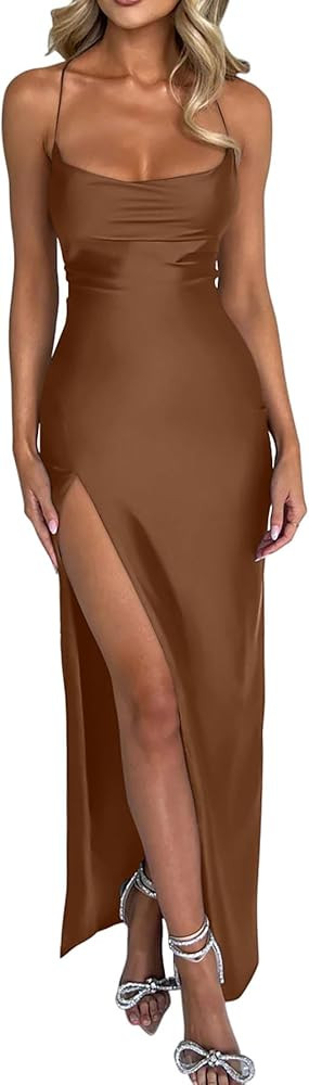 Memoriesea Women's Sexy Spaghetti Strap Bodycon Cowl Neck Party Cocktail Maxi Dress | Amazon (US)