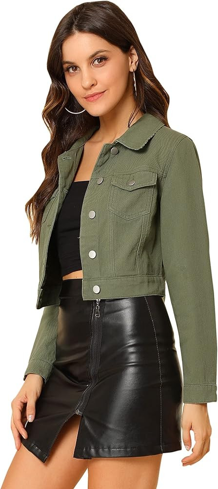 Allegra K Women's Slim Fit Button Down Long Sleeves Casual Cropped Denim Jean Jacket | Amazon (US)