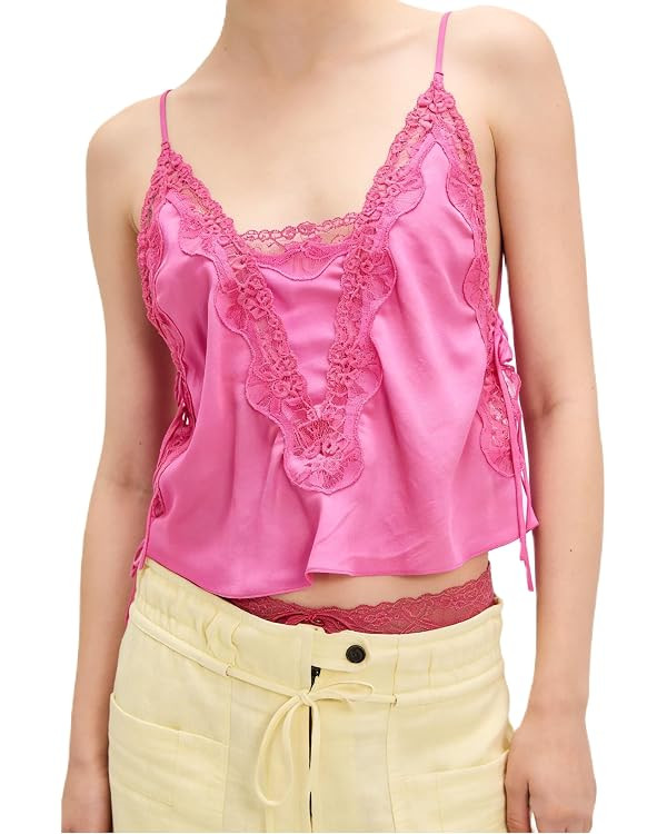 Womens Lace Spaghetti Strap V Neck Satin Tank Top Beach Vacation Silk Camisole Flowy Boho Summer ... | Amazon (US)