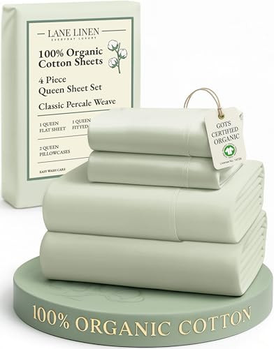 LANE LINEN 100% Organic Cotton Sheets Queen Size Bed Set, Machine Wash Eco Friendly Sustainably Produced Cotton Queen Sheet Set, Soft & Comfy Long Stabple Naturally Cooling Sheets– Mineral | Amazon (US)