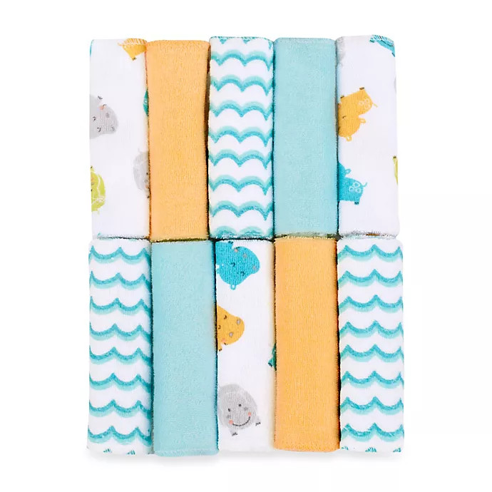 Just Bath by Just Born™ Love to Bathe 10-Pack Hippo Washcloth in Aqua/Orange | buybuy BABY