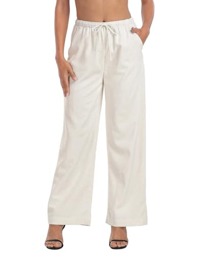 HDE Womens Linen Pull On Drawstring Pants High Waist Wide Leg Palazzo Beach Trouser Flowy Casual Summer Pants with Pockets Khaki Sand - S | Amazon (US)