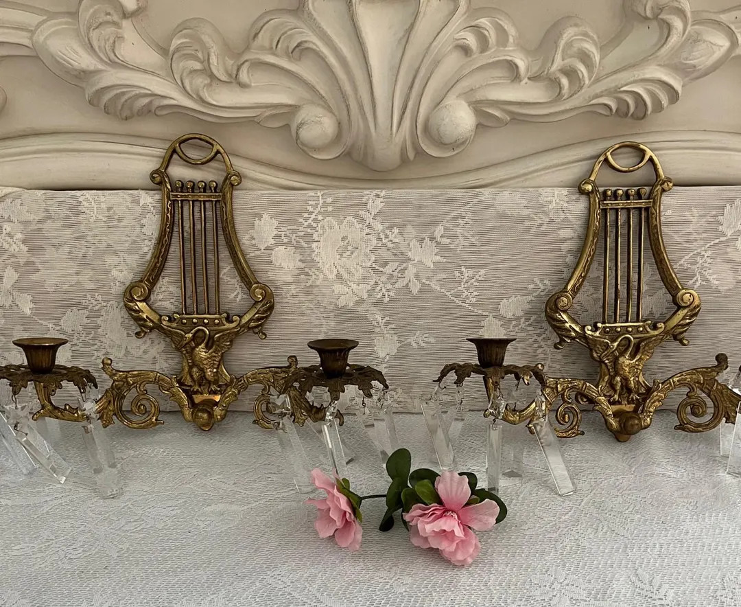 Pair of Brass Sconces With Crystals, Vintage Double Arm Sconces Midcentury Harp Lyre Design - Ets... | Etsy (US)