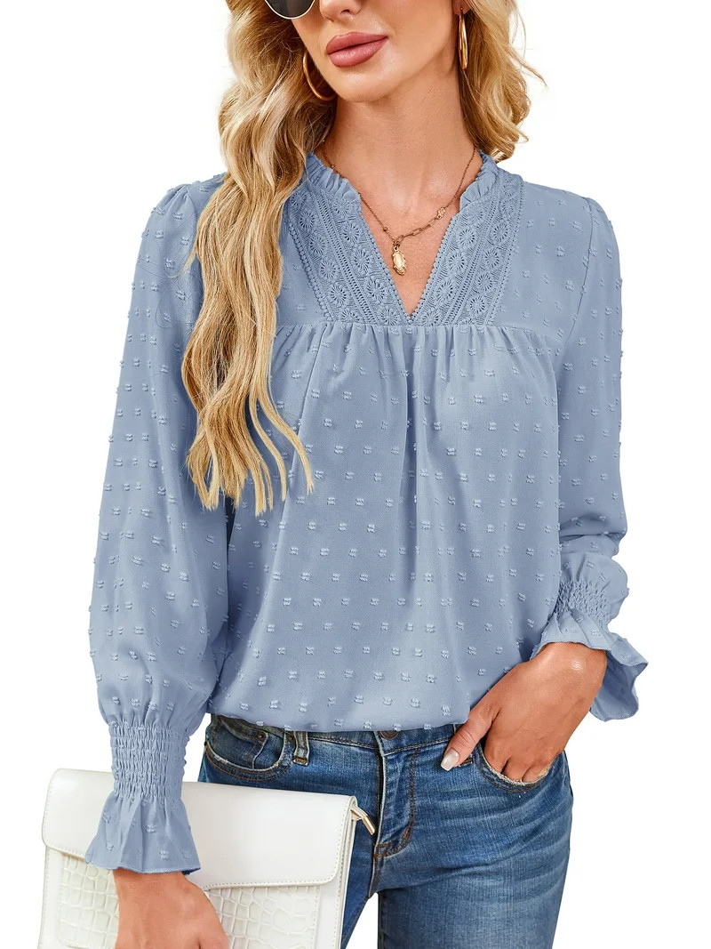 Corabera Womens Tops Dressy Casual Long Sleeve V Neck Pleated Blouses Crochet Lace Tops for Women... | Walmart (US)