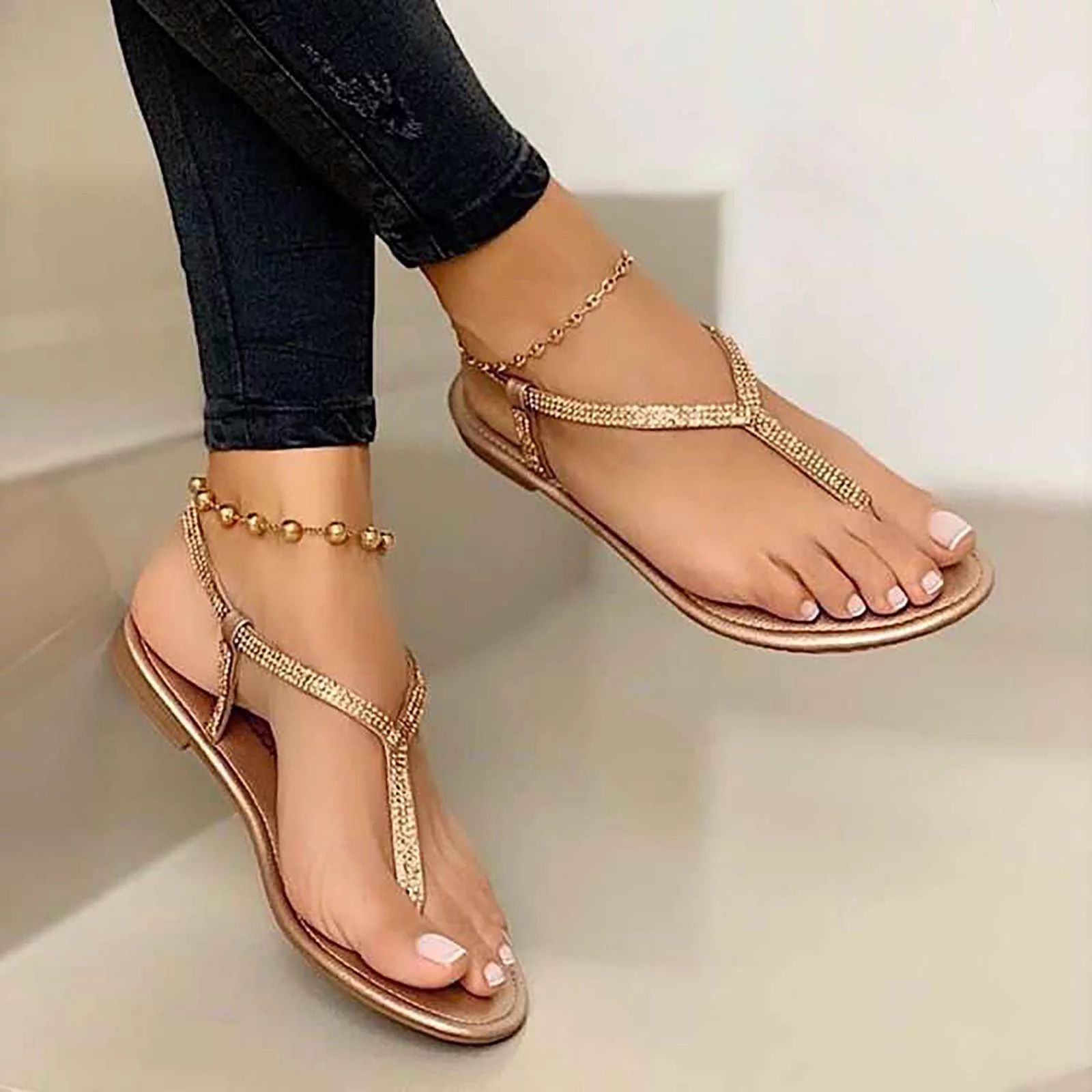 Sandals for Womens Rhinestone Casual Wear Cut Gladiator Flat Sandals Beach T-Strap Thong Sandals ... | Walmart (US)