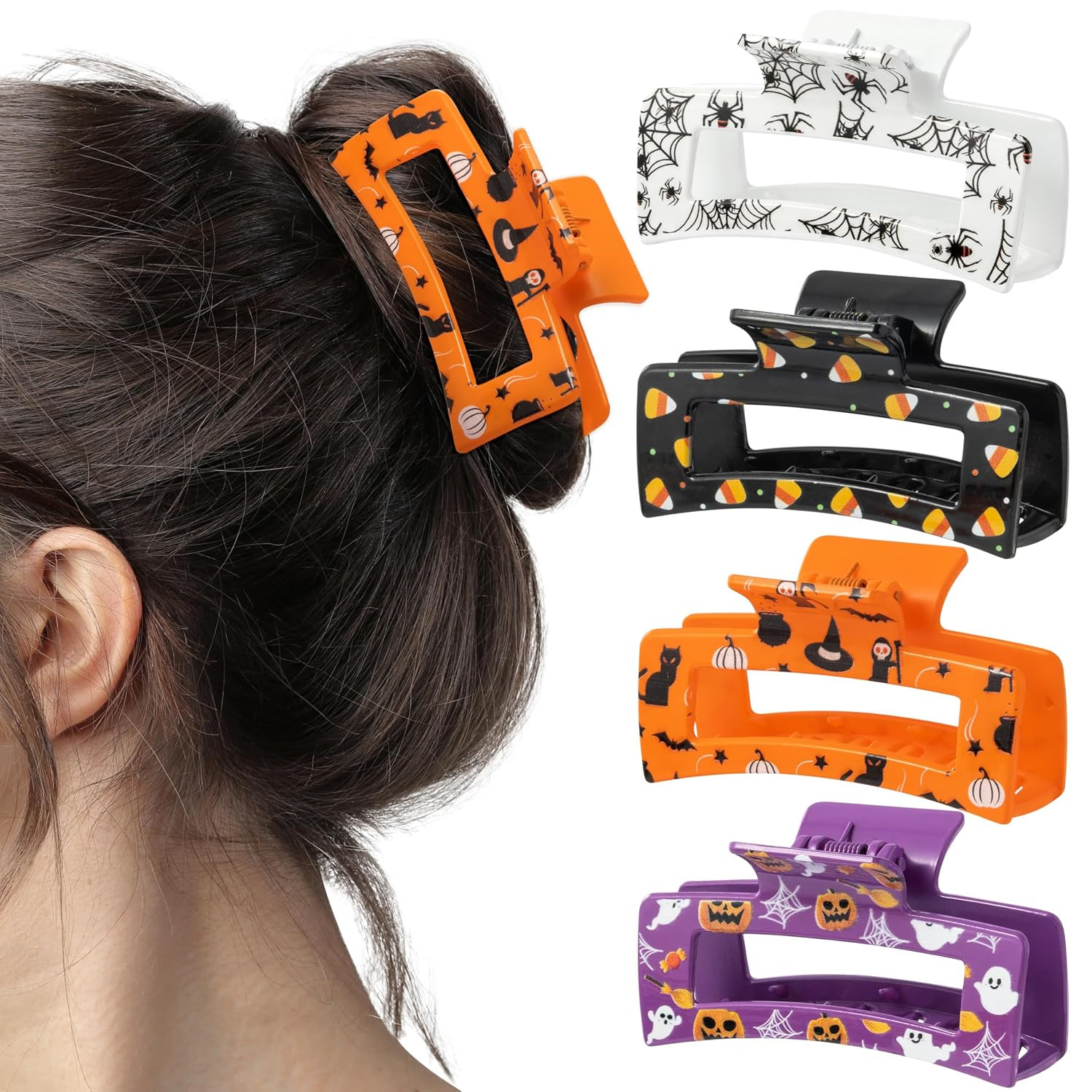 PANTIDE 4Pcs Halloween Hair Claw Clips for Women Girl - Spooky Spider Pumpkin Ghost Witch Hat Rectangle Nonslip Banana Hair Clips, Thin Thick Short Long Curly Accessories, Halloween Costume Party Gift | Amazon (US)