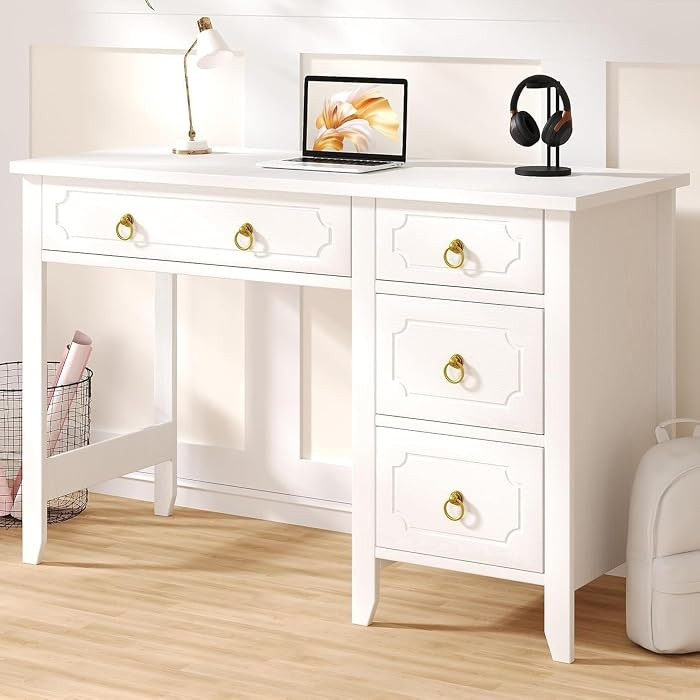 White Desk with Drawers, 45" Home Office Desk with Storage Drawers for Bedroom, Make Up Vanity De... | Amazon (US)