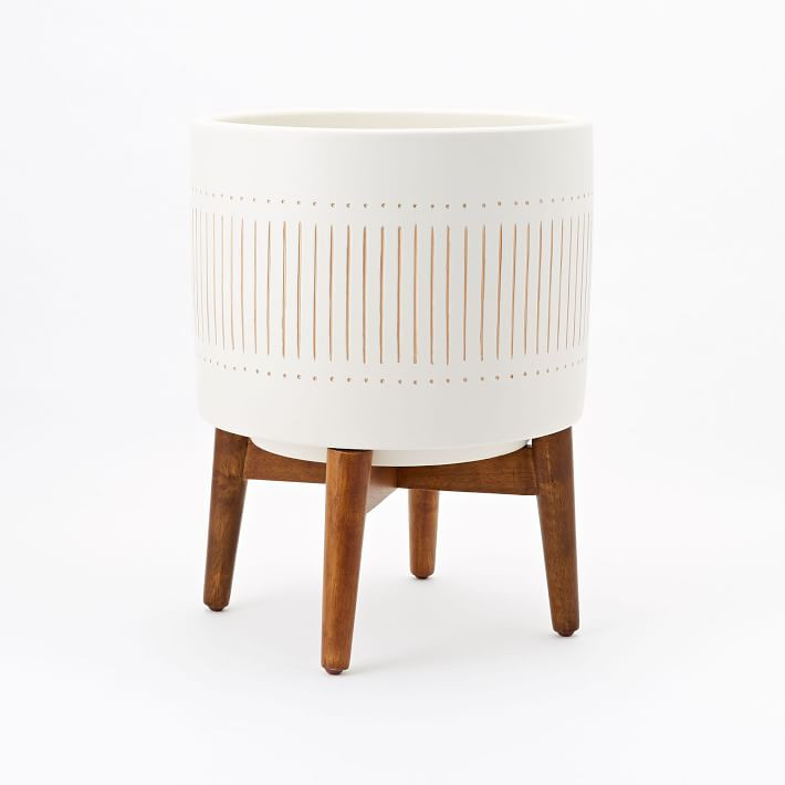 Mid-Century Turned Wood Leg Planters - Gold Stripe | West Elm (US)