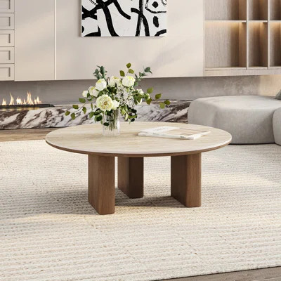 35.63" Mid-century Round Coffee Table, Travertine Sintered Stone Table top with Solid Wood Legs | Wayfair North America