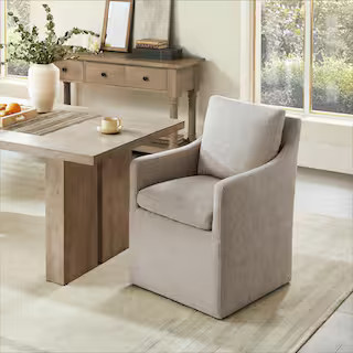 Halcyra Beige Fabric Upholstered Dining Chair with Casters No Assembly Modern Accent Armchair for... | The Home Depot