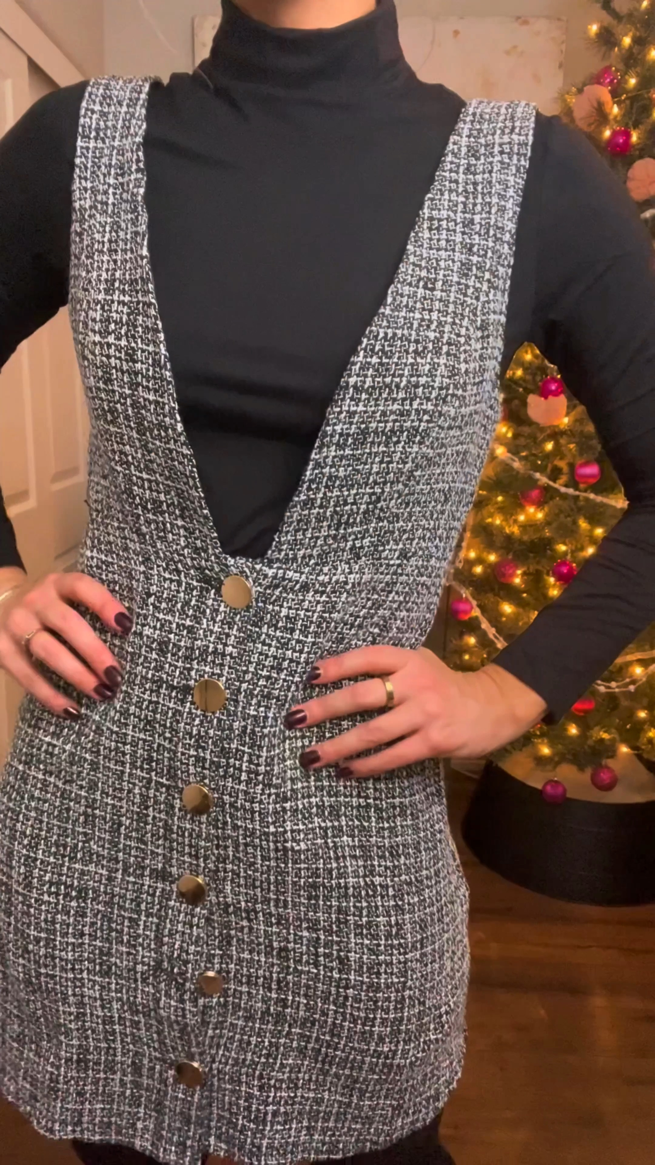 Pinafore dress styled with black turtle neck, Gucci tights and black boots. Christmas outfit, Holiday Outfit, Pinafore dress, Preppy winter look. 

#LTKHoliday #LTKSeasonal #LTKunder50