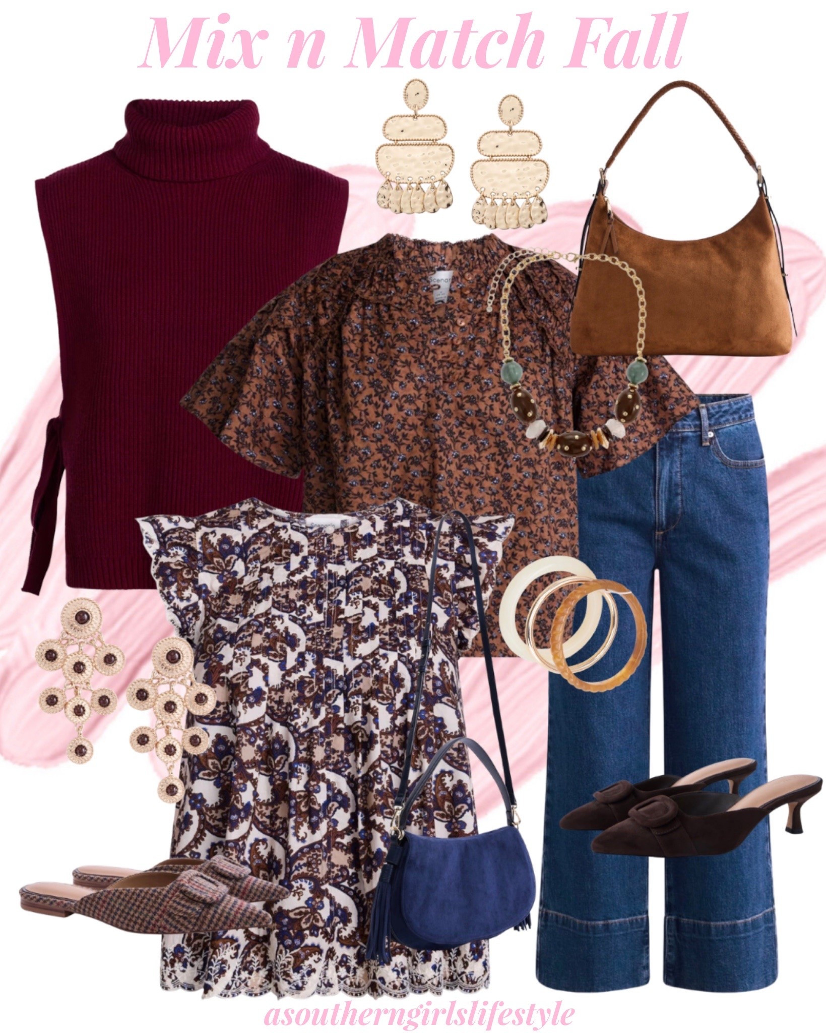 Chic Preppy Tops, Mix n Match Accessories that all pair with Sleek Jeans - make for perfect early Fall Styled Looks. Everything is from Walmart too! 

Merlot Wine Turtleneck Sweater Vest, Voile Top with Short Sleeves, Brown Floral Short Sleeve Pleated Embroidered Printed Top, Acrylic Bangles, Autumn Brown Shoulder Bag, Navy Faux Suede Saddle Bag, Gold‑Tone Geometric Hammered Drop Earrings, Beaded Statement Necklace, Gold Tone Circle Drop Earrings Wide Leg Cuffed Ankle Jeans, Flat Pattern Mules & Chocolate Brown Heeled Mules 

Walmart. Fall Outfits Women. Elevated Casual. Business Casual.

#LTKWorkwear #LTKSeasonal #LTKootd #LTKPetite
