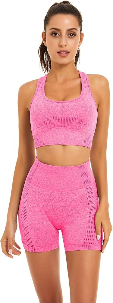 Women Seamless Yoga Workout Set 2 Piece Outfits Gym Shorts Sports Bra | Amazon (US)