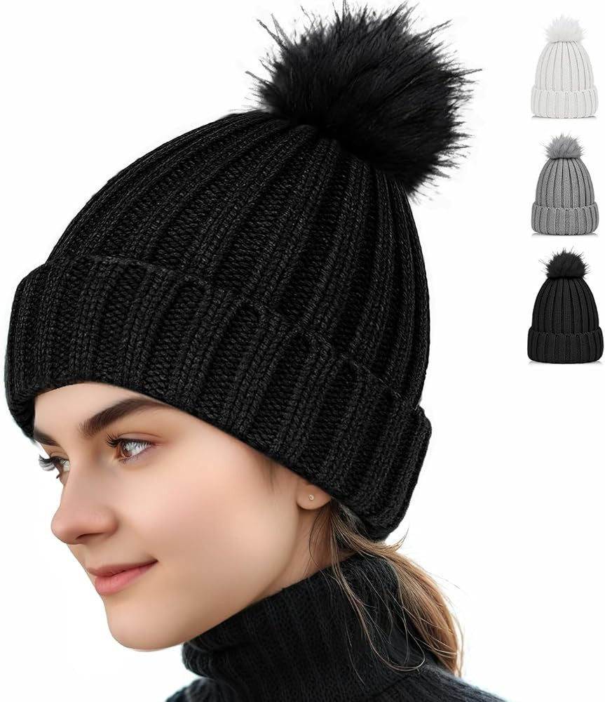 AURUZA Winter Hats for Women and Men, Soft Beanie hat with Faux Fur Pom for Women, Thick Knitted ... | Amazon (US)