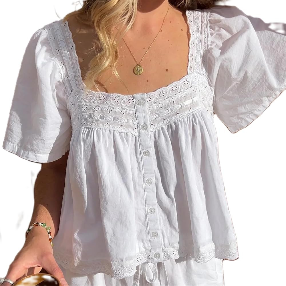 Women Cute Babydoll Puff Sleeve Tshirt Fairycore Ruffle Frill Lace Trim Semi Sheer Pleated Peplum... | Amazon (US)
