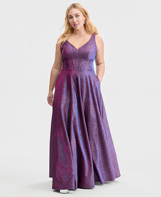 Trendy Plus Size Glitter V-Neck Sleeveless Gown | Macy's