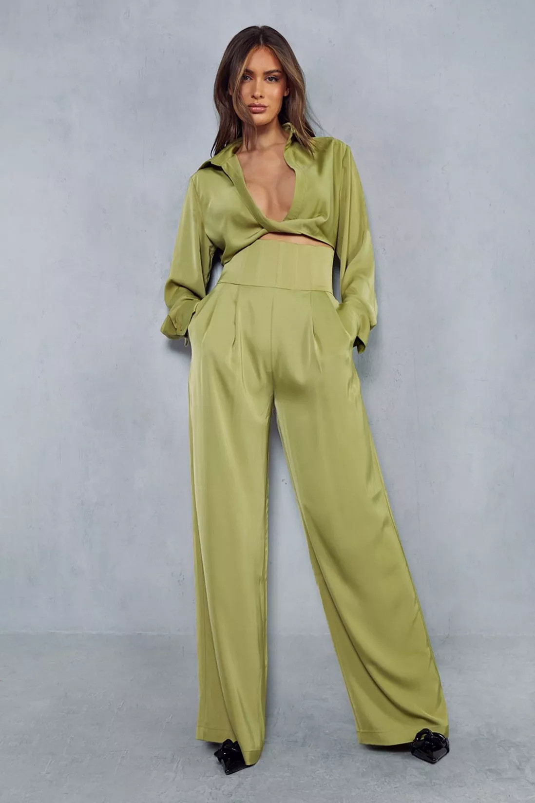 Trousers | Satin Corset Waist Wide Leg Trousers | MissPap | Miss Pap UK