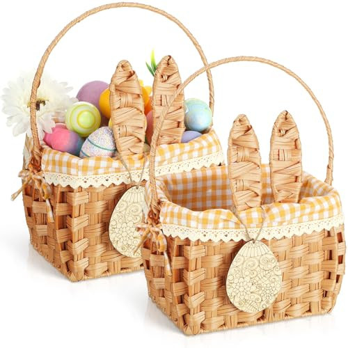 DoubleFill 1pcs Wicker Easter Basket Wicker Picnic Basket with Tag Empty Rattan Bunny Basket with Handles & Liner Willow Hamper Basket for Eggs & Candy Storage Fruit(Yellow Plaid) | Amazon (US)