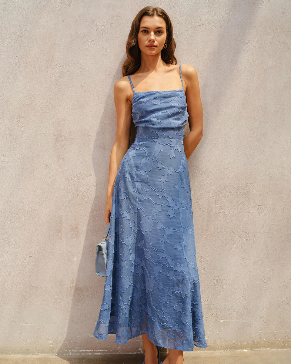 Blue Jacquard Ruched Slip Maxi Dress | rihoas.com
