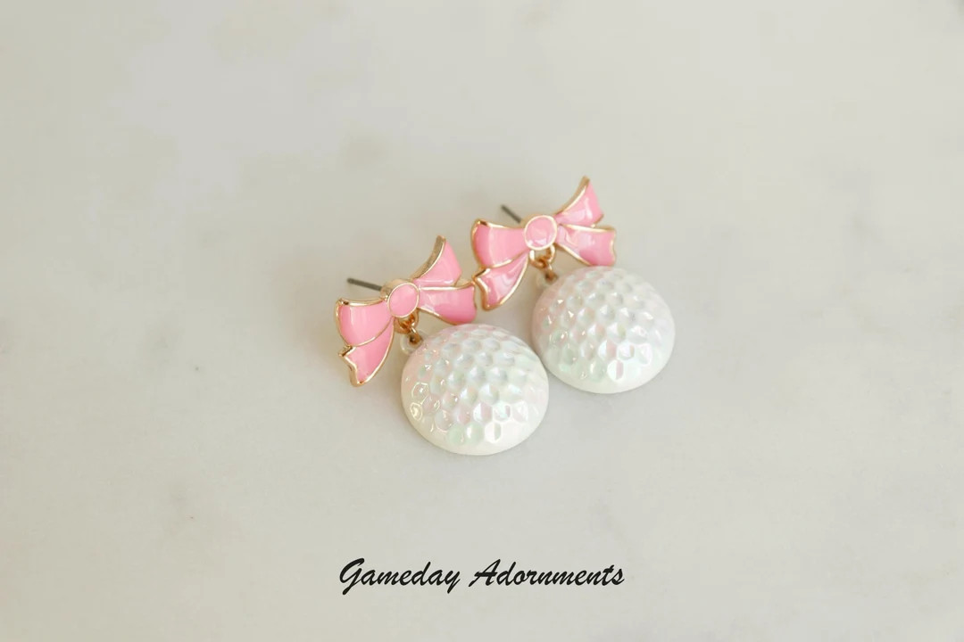 Iridescent Golf Ball Enamel Earrings With Pink Bow - Cute Dangle Statement Pushback, Golfer's Del... | Etsy (US)