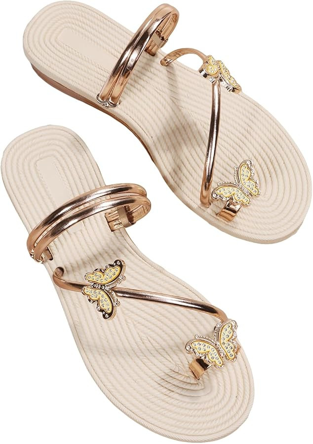 GORGLITTER Women's Butterfly Rhinestone Sandals Dressy Metallic Sparkly Strappy Slip on Slide Fla... | Amazon (US)