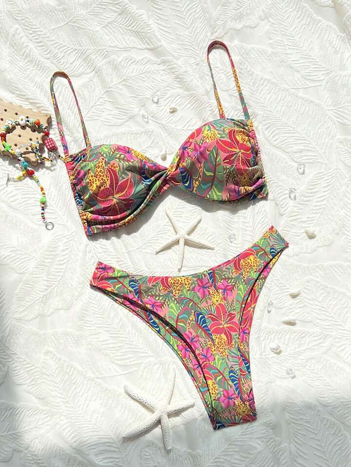 SHEIN Swim Women's Tropical Plant Print Drawstring Tied Twist Bikini Set, Sexy High Cut Beach Vacation Swimsuit | SHEIN